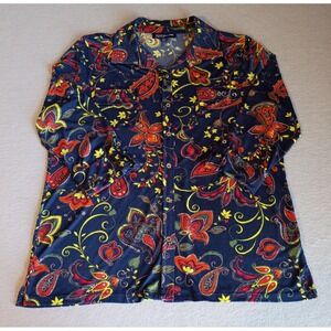 Jones New York Blue Paisley Button Down Blouse, Size XL, 3/4 Sleeve Navy Blue
